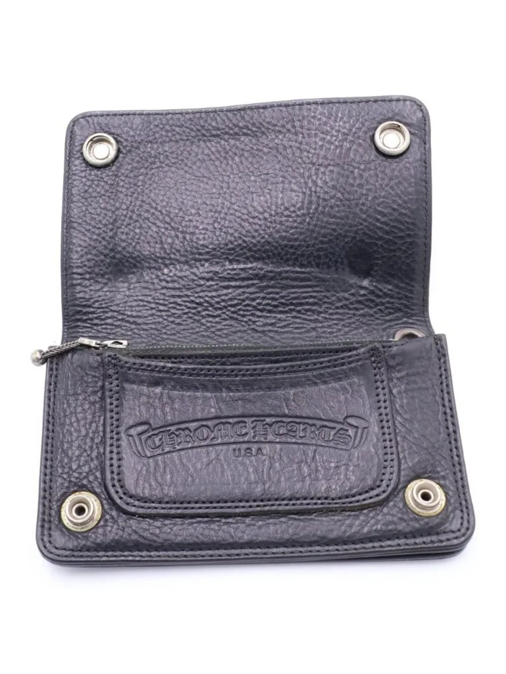 Chrome Hearts 1 Zip Wallet Floral Button Leather Compact Bifold Black Silver
